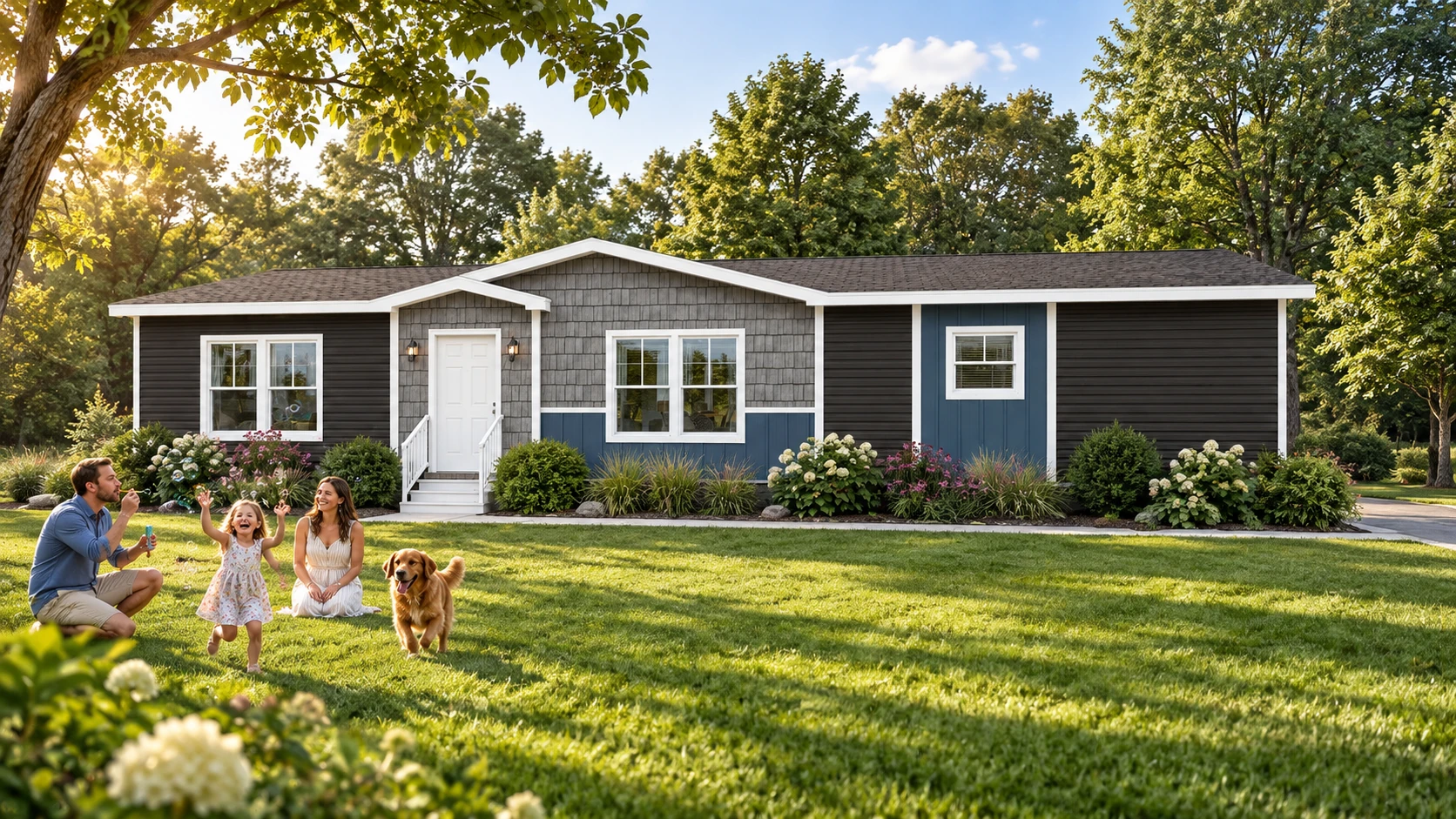 Ramsey 4045-1 in a landscaped Northwoods setting — AI-generated lifestyle visualization